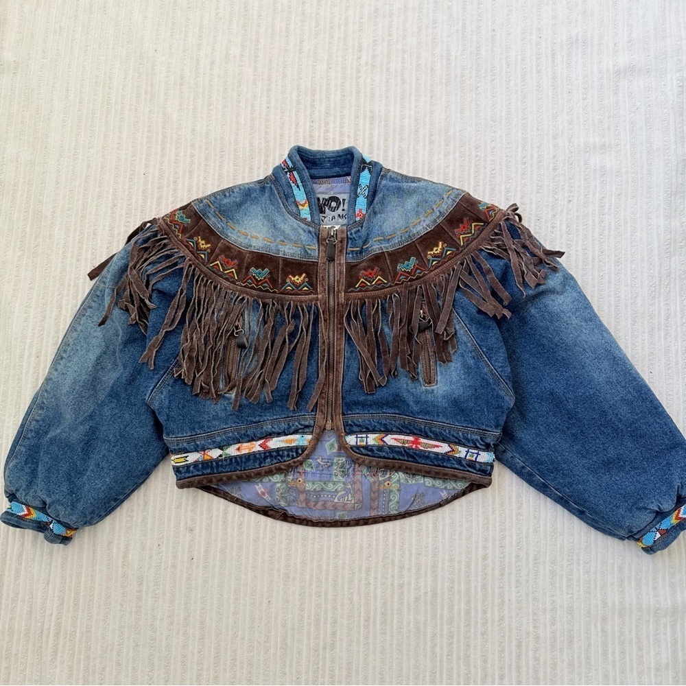 Vintage NO JEANS Suede Fringe Western Cropped Denim Jean Jacket | Size M - Picture 2 of 9